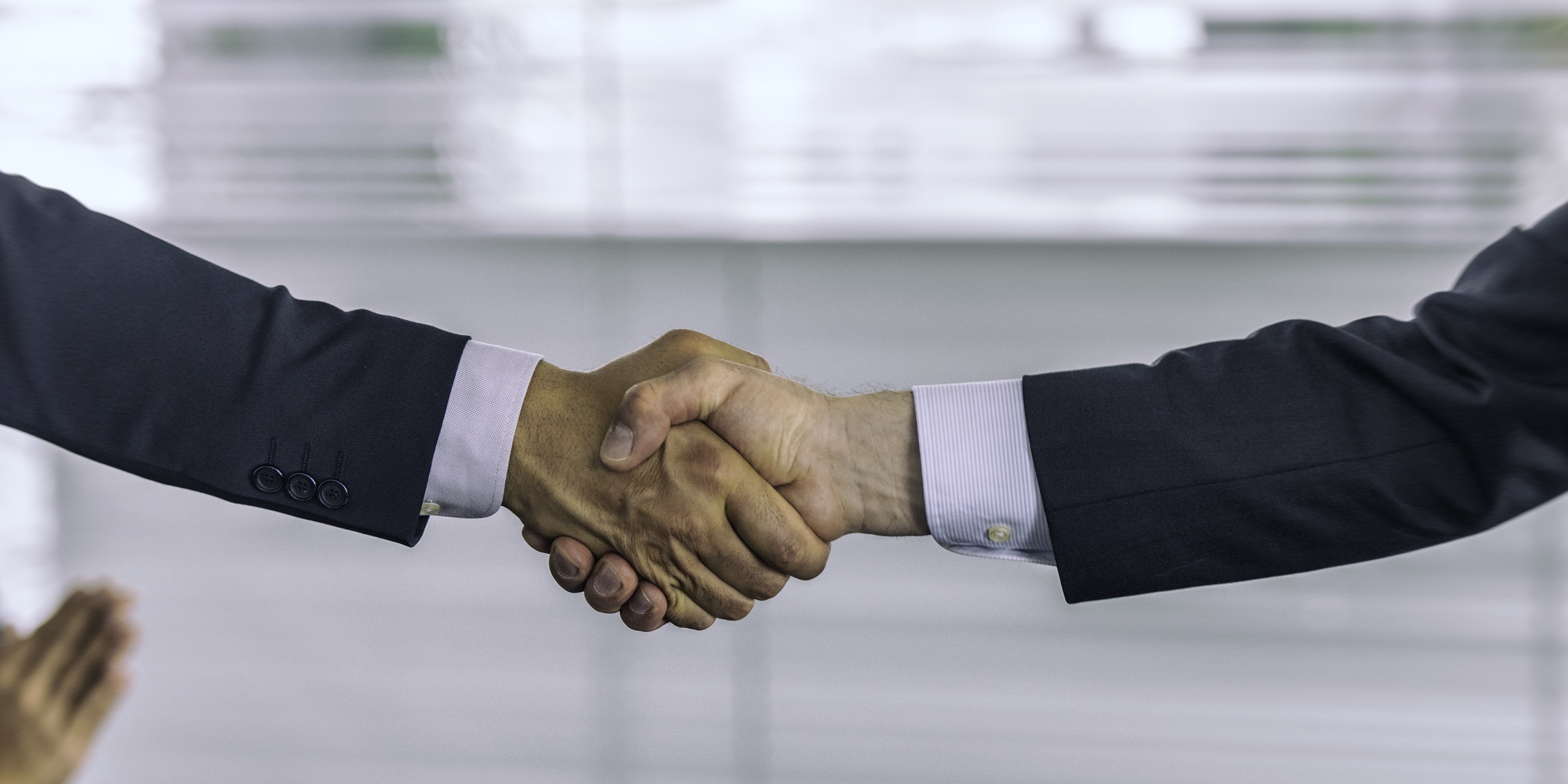 Partnership, two men shaking each others hand in friendly manner. 